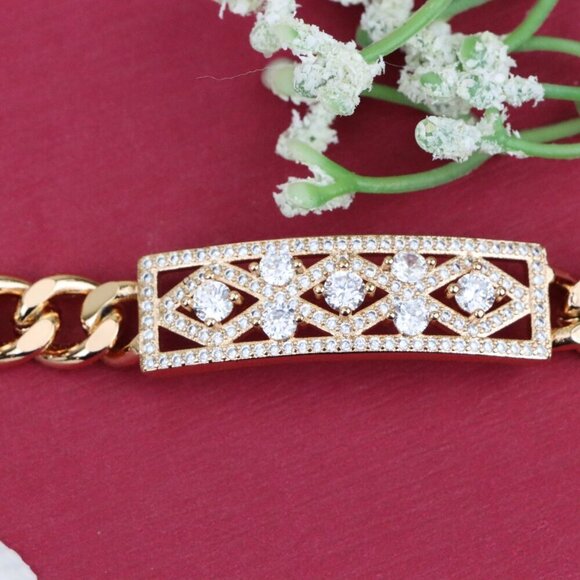 "Rose Gold Bracelet with Geometric CZ Panel and Bold Chain, XPBL0816 - Picture 9 of 12